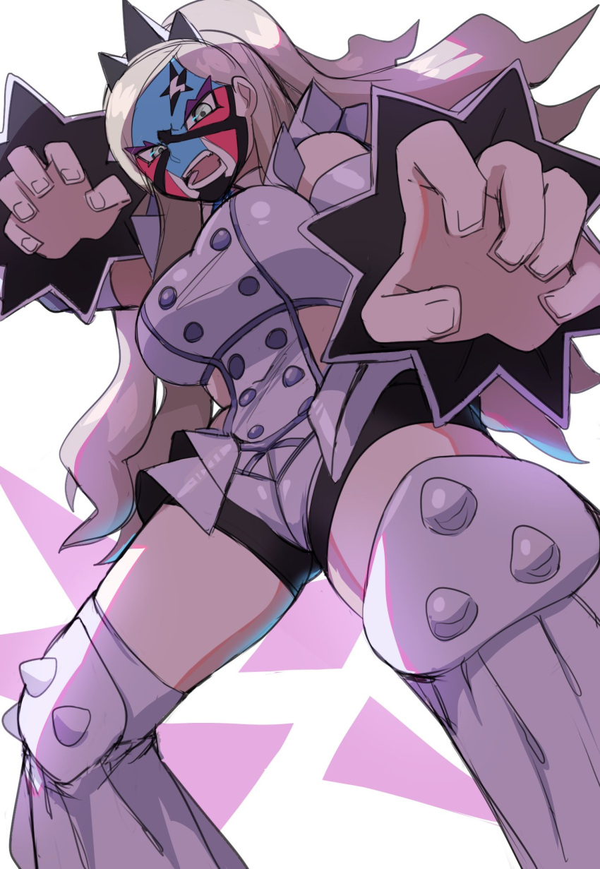 1girl bare_shoulders bike_shorts breasts buttons detached_sleeves double-breasted eri_(pokemon) eyelashes facepaint from_below grey_hair highres hip_vent lightsource long_hair long_sleeves looking_at_viewer open_mouth pokemon pokemon_(game) pokemon_sv short_shorts shorts solo team_star teeth thighhighs tiara vest