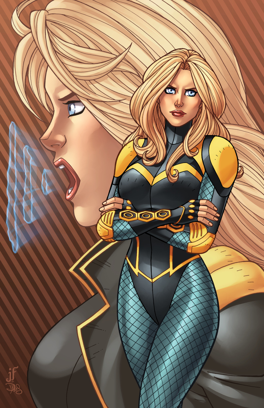 absurdres black_canary blonde_hair blue_eyes crossed_arms dc_comics highres jamiefayx non-web_source swimsuit