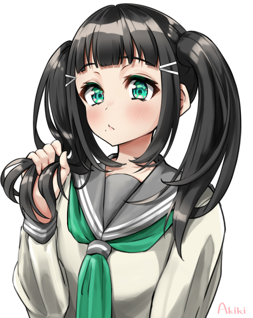 1girl akiki_(kiki) alternate_hairstyle artist_name bangs black_hair blush commentary green_eyes grey_background hair_ornament hand_in_own_hair highres holding holding_hair kurosawa_dia long_hair looking_at_viewer love_live! love_live!_sunshine!! mole mole_under_mouth school_uniform sidelocks solo twintails upper_body uranohoshi_school_uniform