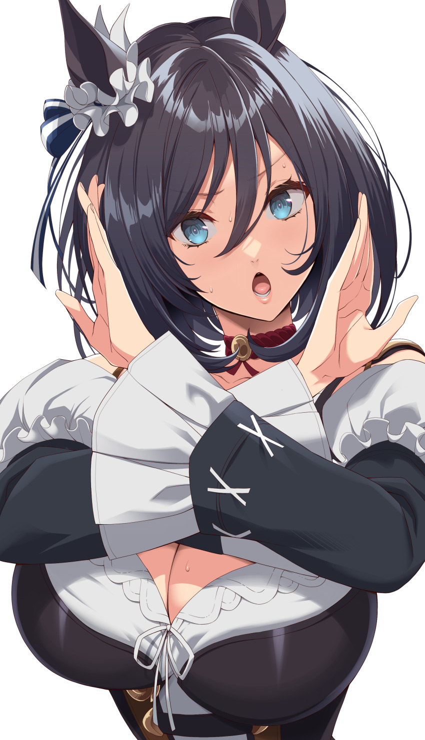 1girl absurdres animal_ears black_dress black_hair blue_eyes blush breasts choker cleavage dress eishin_flash_(umamusume) frilled_sleeves frills hair_between_eyes highres horse_ears huge_breasts kloah looking_at_viewer open_mouth shiny shiny_hair short_hair solo sweat umamusume wide_sleeves x_arms