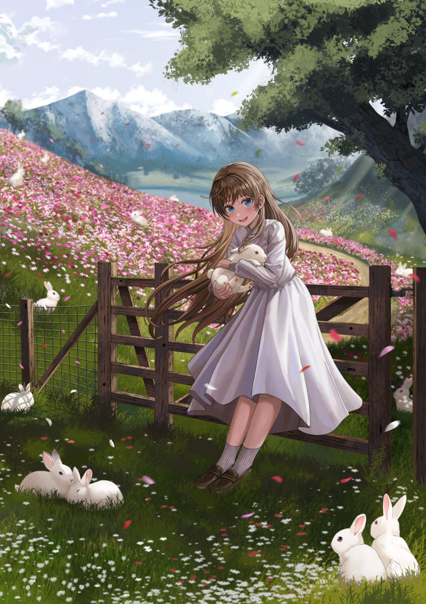 1girl :d absurdres animal bangs black_footwear blue_eyes blush brown_footwear brown_hair chinese_zodiac cloud commentary day dress eyelashes falling_petals fence field floating_hair flower flower_field full_body gate grass grey_socks hair_intakes highres holding holding_animal holding_bunny leaning_on_object loafers long_hair long_sleeves looking_at_viewer mountain open_mouth original outdoors parted_lips path petals pink_flower rabbit scenery shoes sidelocks silvertsuki sky smile socks solo standing teeth tree upper_teeth_only water white_dress white_flower white_rabbit_(animal) year_of_the_rabbit