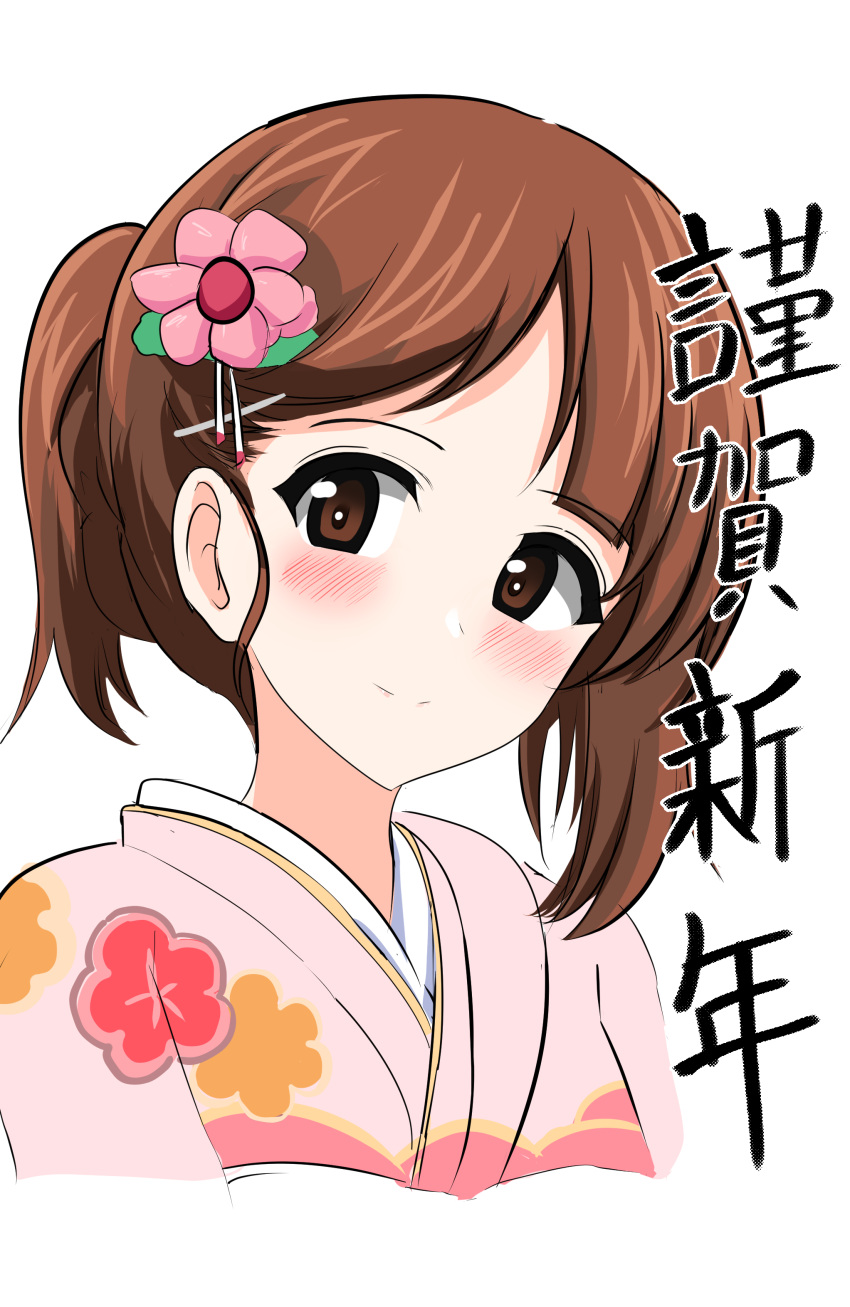 1girl absurdres aikir_(jml5160) alternate_hairstyle bangs brown_eyes brown_hair closed_mouth commentary cropped_torso floral_print flower girls_und_panzer hair_flower hair_ornament hair_up hairclip happy_new_year highres japanese_clothes kimono light_blush looking_at_viewer new_year nishizumi_miho pink_flower pink_kimono print_kimono short_hair short_ponytail simple_background smile solo translated upper_body white_background