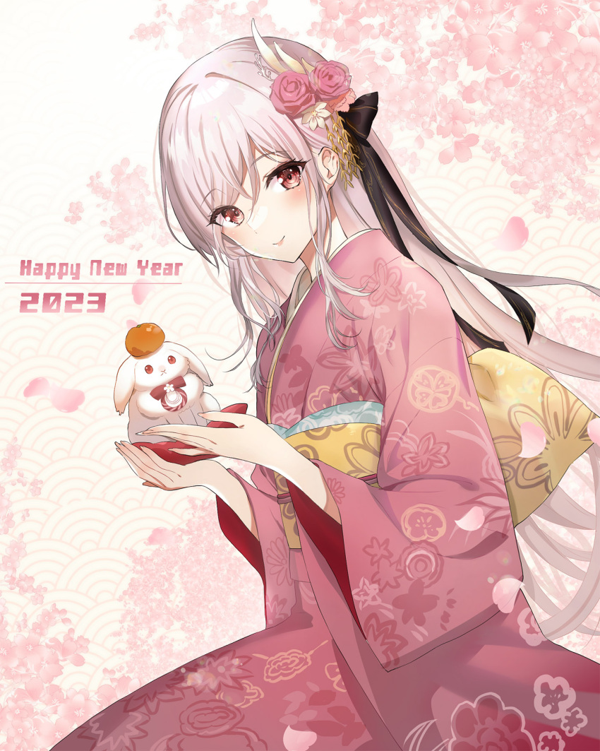 1girl 2023 animal bangs blush chinese_zodiac closed_mouth commentary_request floral_print flower food fruit grey_hair hair_between_eyes hair_flower hair_ornament happy_new_year highres holding holding_animal japanese_clothes kagami_mochi kimono long_hair long_sleeves looking_at_viewer mandarin_orange obi original petals pink_flower pink_kimono pink_rose print_kimono rabbit red_eyes rose sash smile solo very_long_hair white_rabbit_(animal) wide_sleeves year_of_the_rabbit youta