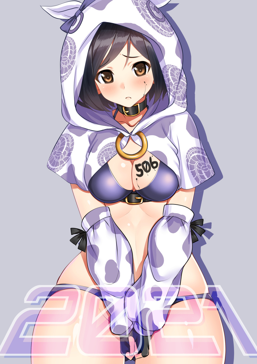 1girl 2021 506th_joint_fighter_wing a9b_(louis814) absurdres animal_collar animal_print bangs black_coat black_gloves black_hair blush breasts brown_eyes cape capelet cleavage closed_mouth coat collar commentary cow_hood cow_print fingerless_gloves frown gloves grey_background highres hood hood_up hooded_capelet kneeling kuroda_kunika looking_at_viewer medium_breasts noble_witches own_hands_together print_capelet print_sleeves short_hair simple_background skirt solo swept_bangs v_arms white_cape white_sleeves world_witches_series