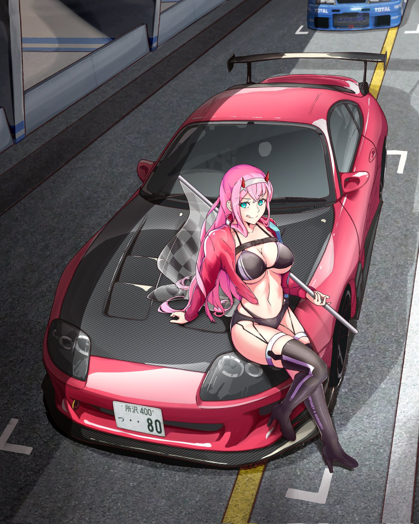 1girl bangs bikini black_bikini black_footwear boots breasts car checkered_flag cleavage darling_in_the_franxx day flag funkygarage green_eyes ground_vehicle highres holding holding_flag horns jacket large_breasts long_hair long_sleeves looking_at_viewer motor_vehicle open_clothes open_jacket outdoors pink_hair race_queen short_shorts shorts sitting smile solo spoiler_(automobile) sports_car swimsuit thigh_boots tongue tongue_out vehicle_request zero_two_(darling_in_the_franxx)