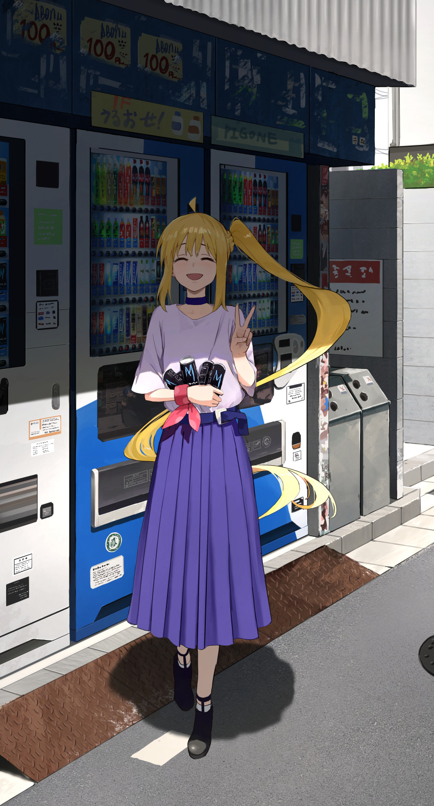 1girl :d absurdres ahoge bangs belt black_choker black_footwear blonde_hair blue_belt blush bocchi_the_rock! bow can choker closed_eyes commentary day energy_drink floating_hair full_body hand_up highres holding holding_can ijichi_nijika long_hair long_skirt looking_at_viewer open_mouth outdoors pigone pleated_skirt polka_dot polka_dot_bow ponytail purple_shirt purple_skirt red_bow road shirt shop short_sleeves short_socks sidelocks skirt smile socks solo standing sunlight trash_can v vending_machine very_long_hair wall white_socks wrist_bow