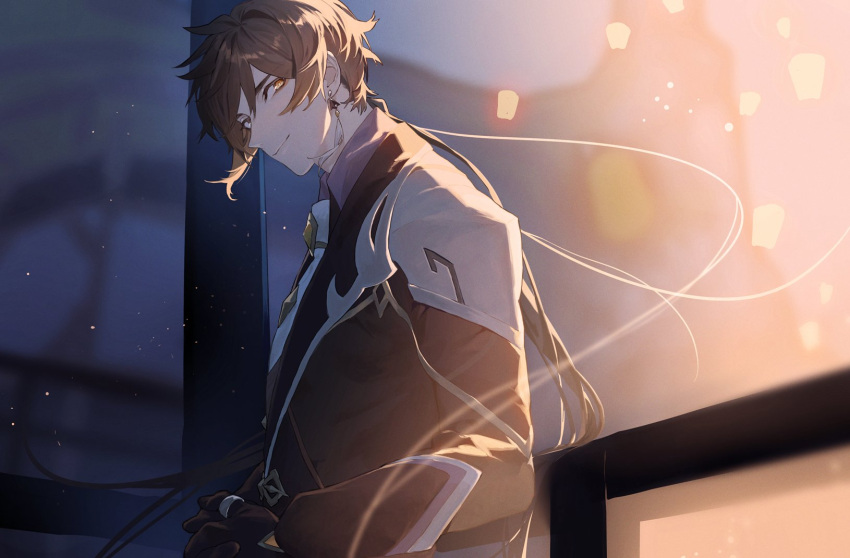1boy bangs black_gloves blue_sky blurry blurry_background brown_hair brown_jacket closed_mouth collared_shirt crystal earrings genshin_impact gloves grey_shirt hair_between_eyes hands_up highres jacket jewelry light long_hair long_sleeves looking_to_the_side male_focus night night_sky outdoors ponytail sachico66 shirt single_earring sky smile snow solo standing tassel tassel_earrings vision_(genshin_impact) yellow_eyes zhongli_(genshin_impact)