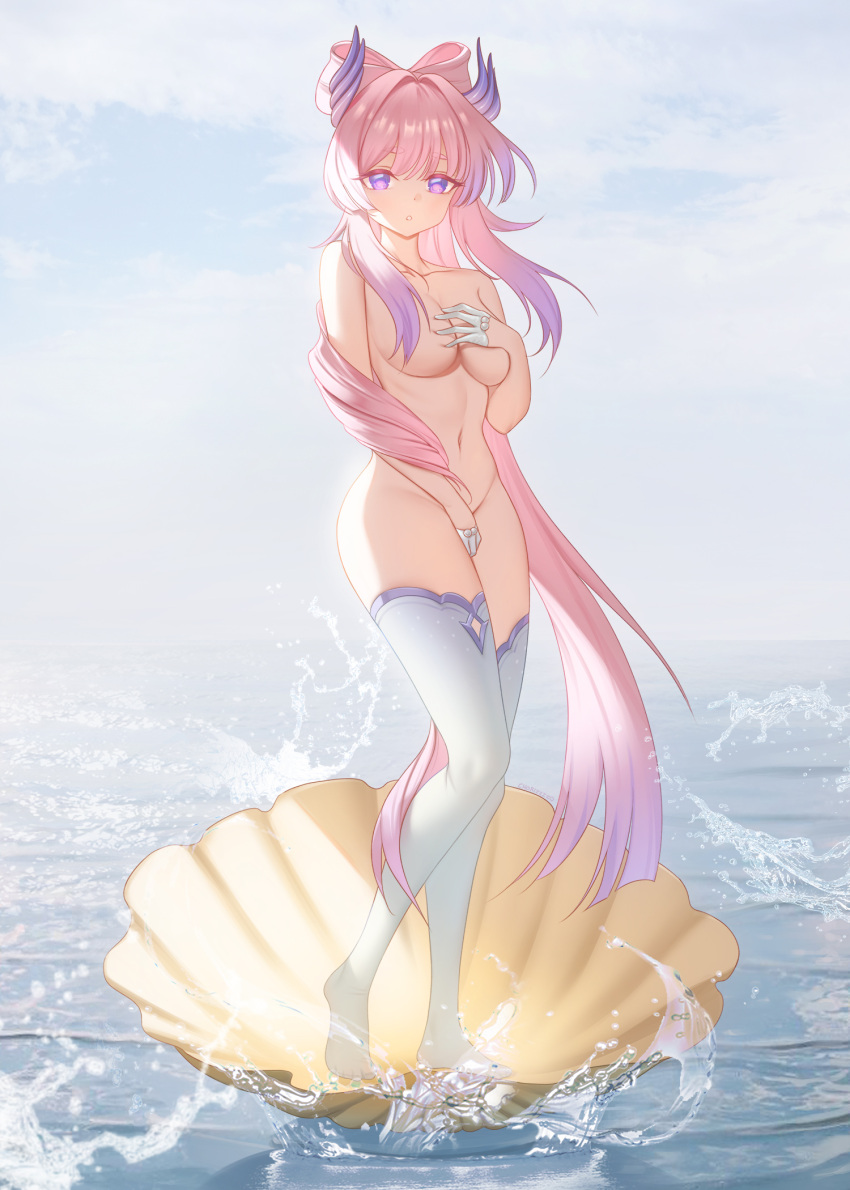 1girl bangs blue_sky bow-shaped_hair breasts cleavage collarbone covering covering_breasts day feet fine_art_parody genshin_impact gloves gradient_hair groin hair_intakes highres legs long_hair looking_at_viewer multicolored_hair navel no_shoes nude ocean outdoors parody pink_hair purple_eyes purple_hair sangonomiya_kokomi shell sky solo stomach the_birth_of_venus thighhighs thighs toes two-tone_hair very_long_hair water white_gloves white_thighhighs zzo_(chorizzzzo)