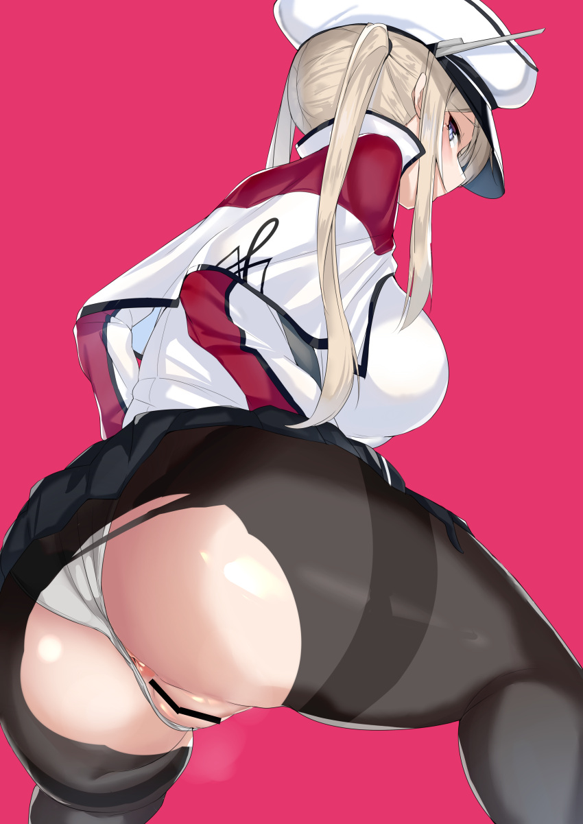 1girl absurdres anus ass bar_censor black_pantyhose blue_eyes blush breasts censored clothing_aside commentary_request graf_zeppelin_(kancolle) hat highres kantai_collection large_breasts long_hair long_sleeves looking_at_viewer looking_back maruyaa_(malya1006) panties panties_aside pantyhose pink_background pussy sidelocks simple_background solo thighband_pantyhose thighs torn_clothes torn_pantyhose twintails underwear white_headwear white_panties