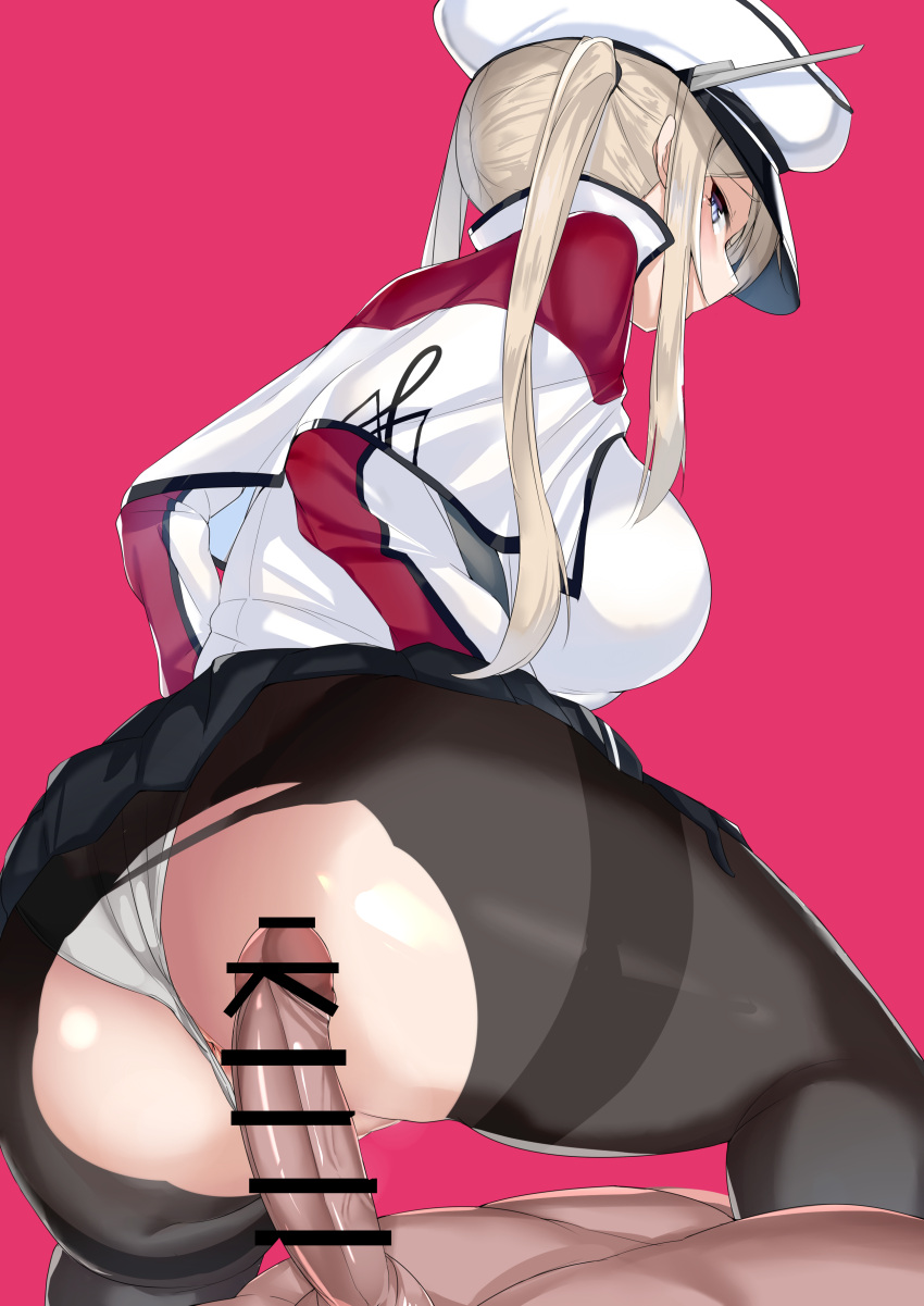 1boy 1girl absurdres anus ass bar_censor black_pantyhose blue_eyes blush breasts censored clothing_aside commentary_request erection graf_zeppelin_(kancolle) hat hetero highres kantai_collection large_breasts long_hair long_sleeves looking_at_viewer looking_back maruyaa_(malya1006) panties panties_aside pantyhose penis pink_background sidelocks simple_background solo_focus thighband_pantyhose thighs torn_clothes torn_pantyhose twintails underwear white_headwear white_panties
