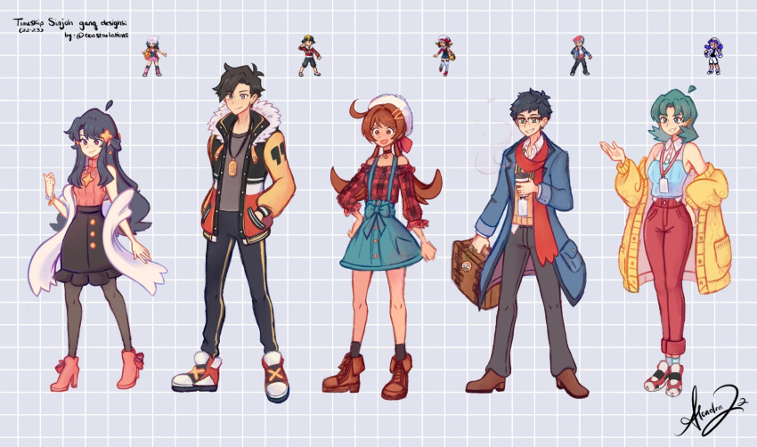 2boys 3girls age_comparison aged_up ahoge antenna_hair arm_warmers bag beanie black_hair black_skirt black_thighhighs blue_coat blue_hair blue_overalls blue_skirt brown_hair checkered_background coat comparison constarlations cup dark_blue_hair dawn_(pokemon) ethan_(pokemon) floating_hair grey_background hair_ornament hairclip hat high_heels highres holding holding_bag holding_cup jacket jewelry kris_(pokemon) light_blue_hair long_hair lucas_(pokemon) lyra_(pokemon) multicolored_clothes multicolored_jacket multiple_boys multiple_girls necklace open_clothes open_coat open_jacket overalls overcoat pink_footwear pokemon pokemon_(game) pokemon_dppt pokemon_gsc pokemon_hgss short_hair skirt thighhighs twintails white_headwear yellow_coat