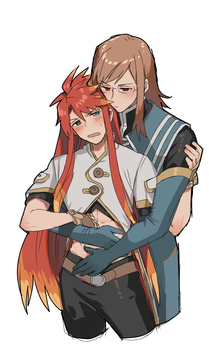 2boys abs absurdres bangs blue_gloves blush brown_hair closed_mouth commentary_request cropped_legs elbow_gloves glasses gloves hair_between_eyes hands_on_another's_chest highres hug hug_from_behind jade_curtiss long_hair luke_fon_fabre male_focus multicolored_hair multiple_boys none_(kameko227) open_mouth orange_hair pants red_eyes red_hair sidelocks simple_background sweat tales_of_(series) tales_of_the_abyss toned toned_male very_long_hair white_background yaoi