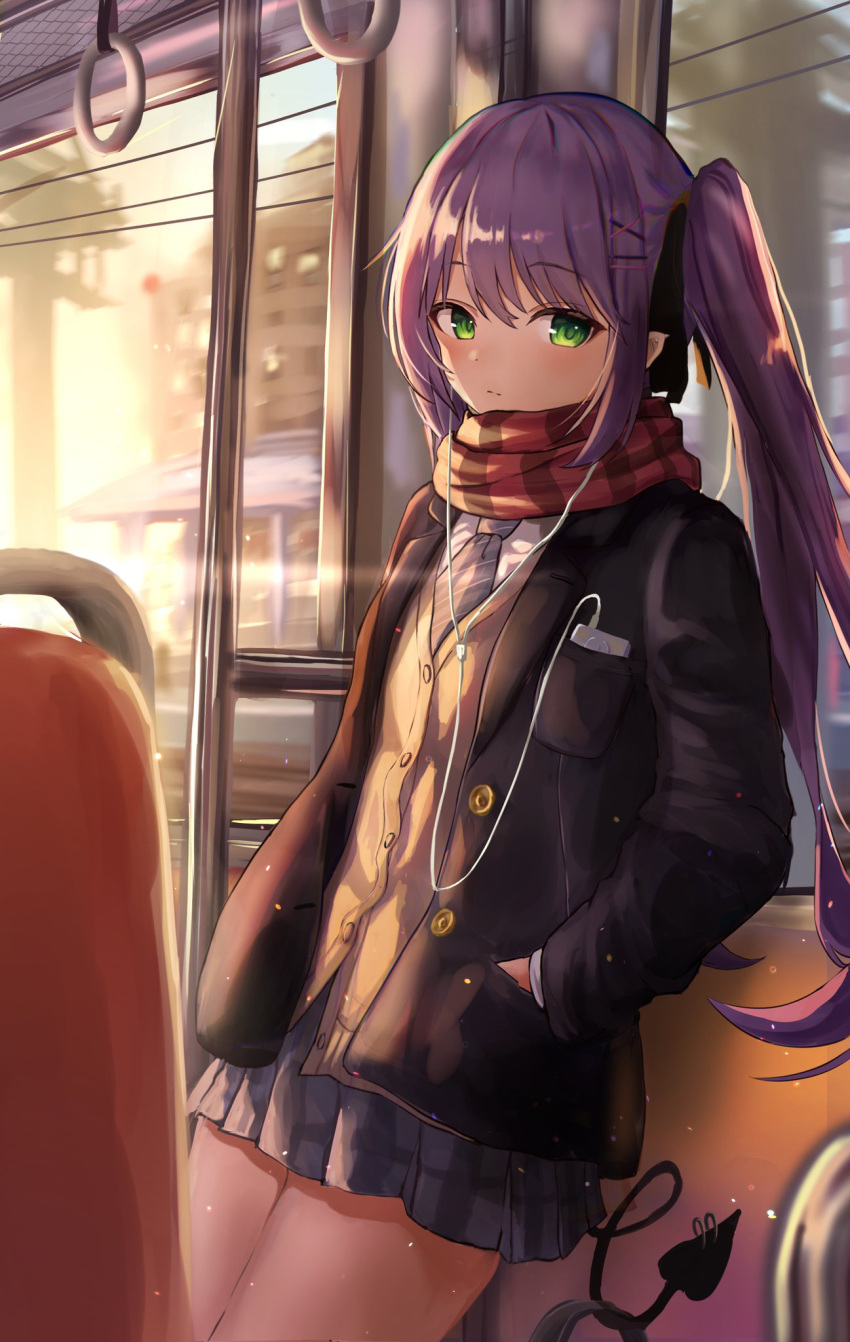 1girl black_jacket demon_tail digital_media_player earbuds earphones hair_ribbon hands_in_pockets highres hololive jacket kirinagi35 long_sleeves looking_at_viewer multiple_hairpins necktie piercing purple_hair purple_skirt ribbon scarf shirt skirt tail tail_ornament tail_piercing thighs tokoyami_towa train_interior twintails uniform virtual_youtuber white_shirt yellow_eyes