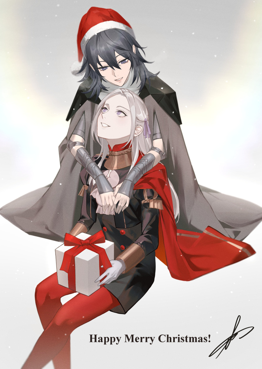 2girls absurdres bangs blue_eyes blue_hair blush breasts byleth_(fire_emblem) byleth_(fire_emblem)_(female) cape christmas closed_mouth edelgard_von_hresvelg fire_emblem fire_emblem:_three_houses garreg_mach_monastery_uniform gift gloves hair_between_eyes hat highres hug invisible_chair large_breasts long_hair long_sleeves multiple_girls pantyhose purple_eyes ribbon santa_hat simple_background sitting smile toho10min white_hair yuri