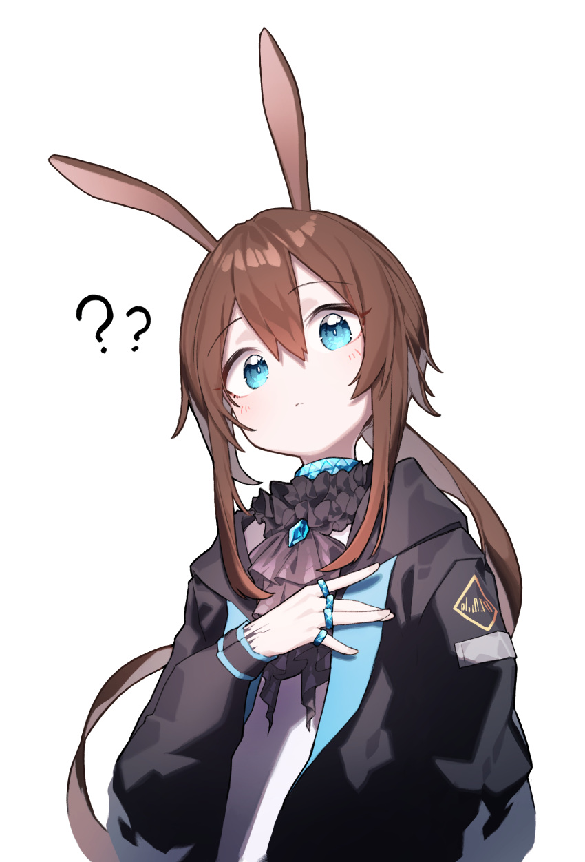 1girl ? ?? absurdres amiya_(arknights) animal_ears arknights ascot bangs beudelb black_jacket blue_ascot blue_collar blue_eyes brown_hair closed_mouth collar frilled_ascot frills hair_between_eyes hand_on_own_chest highres jabot jacket jewelry long_hair looking_at_viewer low_ponytail multiple_rings neck_ring purple_ascot rabbit_ears rabbit_girl rhodes_island_logo ring thumb_ring