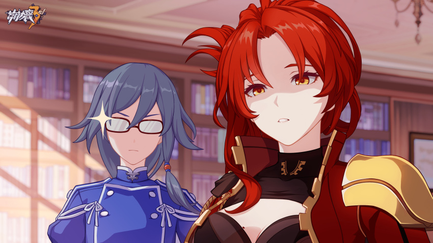 2girls bangs black_hair blue_jacket book breasts cleavage cleavage_cutout closed_mouth clothing_cutout fu_hua fu_hua_(valkyrie_accipiter) glasses highres honkai_(series) honkai_impact_3rd indoors jacket large_breasts library long_hair looking_at_viewer mole mole_on_breast multiple_girls murata_himeko murata_himeko_(valkyrie_triumph) official_art open_book parted_lips red_hair red_jacket shaded_face upper_body v-shaped_eyebrows