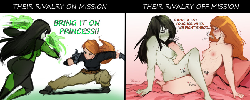 2girls ass bawdy_art before_and_after belt black_bodysuit black_hair blush bodysuit breasts cargo_pants colored_nipples colored_skin completely_nude dodging english_commentary english_text eye_contact fighting fire gloves green_fire green_nipples green_skin grey_gloves kim_possible kimberly_ann_possible leg_grab long_hair looking_at_another medium_breasts multiple_girls nipples nude orange_hair pants shego small_breasts squatting sweat thighs tribadism utility_belt yuri