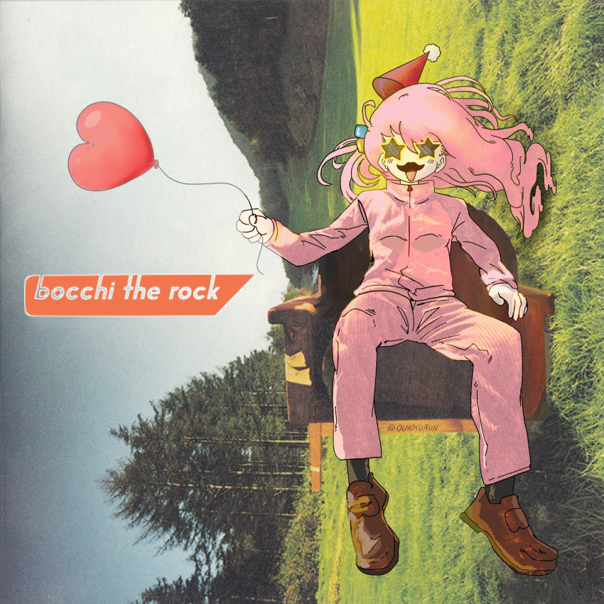 1girl album_cover_redraw balloon blue_sky bocchi_the_rock! brown_footwear cube_hair_ornament day derivative_work english_commentary full_body gotou_hitori hair_ornament hat heart_balloon highres jacket long_hair long_sleeves open_mouth oukkurun outdoors pants parody party_hat photo_background pink_hair pink_jacket pink_pants shoes sideways sky solo star-shaped_eyewear sunglasses the_pillows track_jacket track_pants tree