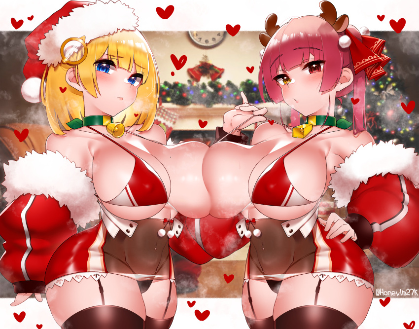 2girls absurdres antlers asymmetrical_docking bare_shoulders bell bikini black_panties blonde_hair blue_eyes breast_press breasts chimney choker christmas christmas_ornaments christmas_tree cleavage closed_mouth collarbone contrapposto covered_navel covered_nipples cowboy_shot curvy detached_sleeves dress fake_antlers from_side fur_trim garter_belt garter_straps hair_ornament hand_on_hip hat heart heterochromia highres hololive hololive_english honeymelon houshou_marine lace_trim large_breasts looking_at_viewer medium_hair micro_bikini microskirt monocle_hair_ornament multiple_girls neck_bell one_breast_out outside_border panties puckered_lips red_eyes red_hair santa_costume santa_hat short_dress skirt sleeves_past_wrists strap_pull swimsuit thighhighs twintails underwear virtual_youtuber watson_amelia