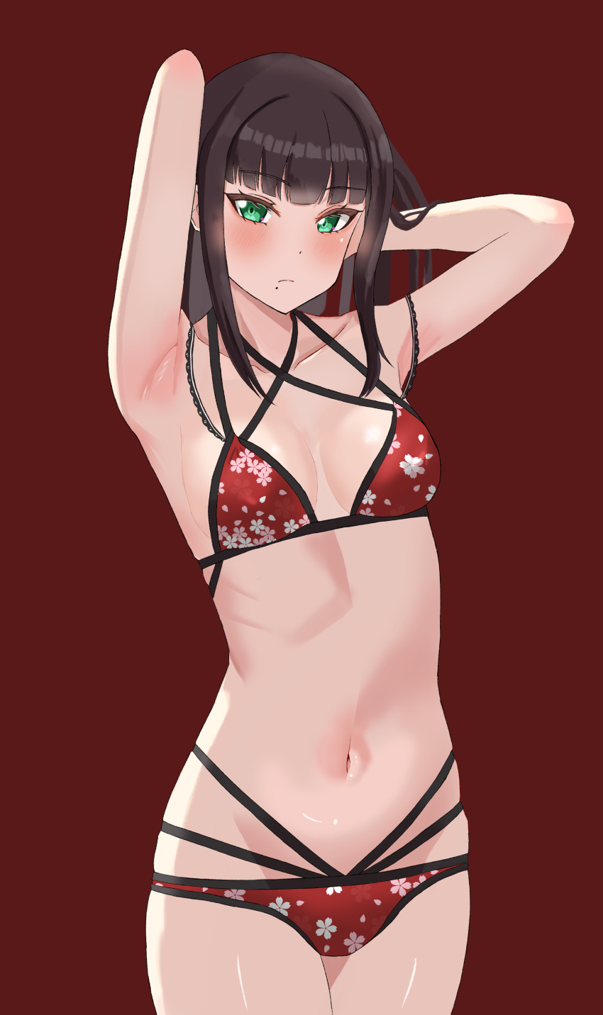 1girl absurdres aqua_eyes armpits arms_behind_head bangs bikini black_hair blunt_bangs breasts brown_background chaso_(480) cowboy_shot floral_print highres kurosawa_dia long_hair looking_at_viewer love_live! love_live!_sunshine!! mole mole_under_mouth multi-strapped_bikini red_bikini simple_background small_breasts solo swimsuit