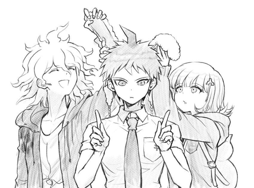 1girl 2boys :d ahoge animal_ears backpack bag bangs collarbone collared_shirt danganronpa_(series) danganronpa_2:_goodbye_despair flipped_hair friends greyscale highres hinata_hajime jacket komaeda_nagito long_sleeves looking_up medium_hair messy_hair monochrome multiple_boys nanami_chiaki necktie open_clothes open_jacket open_mouth parted_lips print_shirt rabbit_ears shirt smile teeth upper_body youko-shima