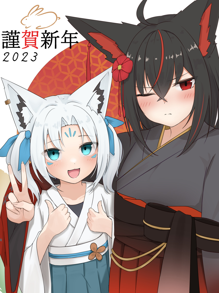 2girls absurdres ahoge animal_ear_fluff animal_ears bangs black_hair black_kimono blush bow braid commentary_request double_thumbs_up earrings facepaint flower fox_ears fox_girl green_eyes green_kimono hair_between_eyes hair_bow hair_flower hair_ornament highres hololive humanization japanese_clothes jewelry kimono kurokami_fubuki long_hair looking_at_viewer micon multicolored_hair multiple_girls one_eye_closed open_mouth red_eyes red_hair red_kimono sidelocks single_braid smile streaked_hair sukonbu_(shirakami_fubuki) thumbs_up two_side_up v virtual_youtuber white_hair white_kimono