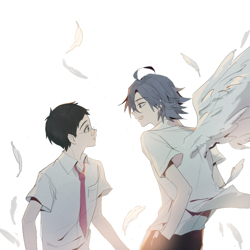 2boys ahoge angel_wings black_hair blue_eyes blue_hair dress_shirt from_side glasses highres looking_at_another male_focus manami_sangaku multiple_boys necktie onoda_sakamichi remix_(pixiv18151030) rimless_eyewear shirt short_sleeves smile wings yowamushi_pedal