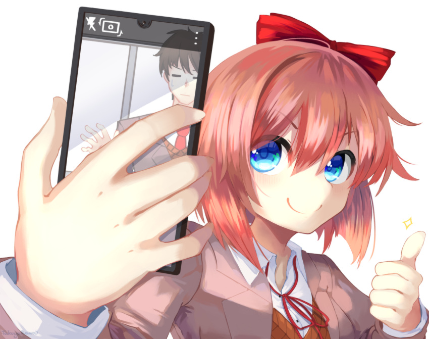 1boy 1girl :| =_= blue_eyes bow brown_hair cellphone closed_mouth commentary doki_doki_literature_club english_commentary grey_jacket hair_bow jacket long_sleeves neck_ribbon open_clothes open_jacket phone pink_hair protagonist_(doki_doki_literature_club) red_bow red_ribbon ribbon sayori_(doki_doki_literature_club) school_uniform shirt short_hair single_bare_shoulder smartphone smile solo_focus sweatdrop taking_picture takuyarawr thumbs_up white_background white_shirt wing_collar you're_doing_it_wrong