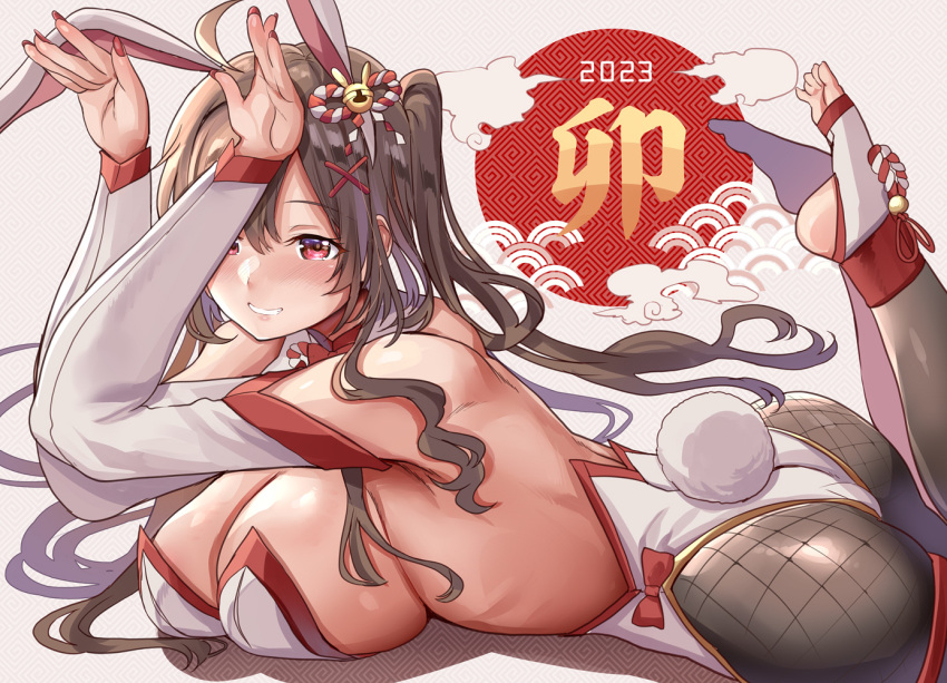 1girl 2022 animal_ears ass bangs bare_shoulders black_pantyhose blush breasts brown_hair chinese_zodiac closed_mouth detached_sleeves feet from_side hands_up himuro_shunsuke large_breasts leotard long_hair long_sleeves looking_at_viewer original pantyhose playboy_bunny rabbit_ears rabbit_tail red_eyes revision smile solo tail white_leotard white_sleeves year_of_the_rabbit