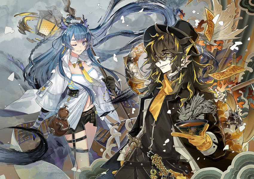 1girl absurdres alcohol arknights blue_hair cup dragon dragon_girl dragon_horns fish fish_tail gourd highres holding holding_cup horns lamp lee_(arknights) ling_(arknights) long_hair looking_at_viewer multicolored_hair one_eye_closed round_eyewear shidare_(youh4016) tail