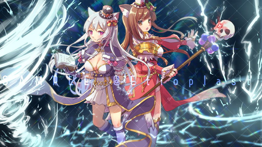 2girls animal_ear_fluff animal_ears arch_mage_(ragnarok_online) bangs black_headwear blush book boots bow breasts brown_eyes brown_hair cat_ears cleavage cleavage_cutout closed_mouth clothing_cutout coat commentary_request dress elemental_master_(ragnarok_online) foot_out_of_frame fur-trimmed_gloves fur_trim gloves gold_trim green_bow grey_coat grey_gloves hair_bow hand_up hat highres holding holding_book holding_staff large_breasts long_hair looking_at_viewer magic mini_hat multiple_girls open_book open_mouth pink_eyes ragnarok_online red_bow red_dress sample_watermark skull staff top_hat vixiq whirlwind white_dress white_footwear white_hair white_headwear