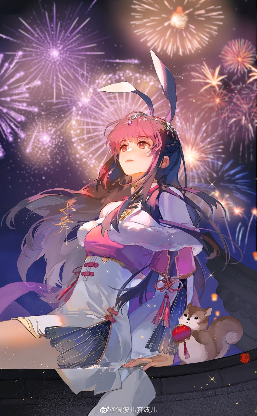 1girl absurdres animal_ears artist_request braid capelet closed_mouth douluo_dalu fireworks fur-trimmed_capelet fur_trim glint hair_ornament highres holding holding_lantern lantern long_hair long_sleeves looking_up new_year night outdoors rabbit_ears rooftop second-party_source smile solo sparkle squirrel thighs xiao_wu_(douluo_dalu)