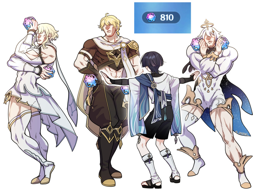 2boys 2girls abs absurdres aether_(genshin_impact) armor bangs blonde_hair boots braid closed_mouth detached_sleeves dress earrings english_commentary faceless faceless_female faceless_male flexing full_body genshin_impact gloves hair_ornament halo highres holding intertwined_fate japanese_armor japanese_clothes jewelry jojo_no_kimyou_na_bouken jojo_pose kote kurokote long_hair lumine_(genshin_impact) multiple_boys multiple_girls muscular muscular_female muscular_male paimon_(genshin_impact) pants pillosopi purple_hair scaramouche_(genshin_impact) scarf short_hair_with_long_locks simple_background single_braid single_earring single_thighhigh thigh_boots thighhighs twitter_username wanderer_(genshin_impact) white_background white_dress white_footwear white_hair white_thighhighs