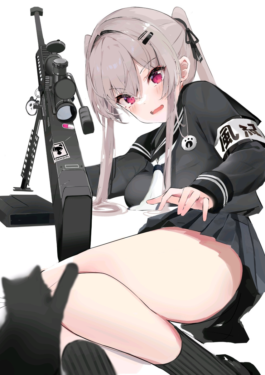 1girl anti-materiel_rifle armband bangs barrett_m82 black_skirt blush breasts cat commentary_request dleung dog_tags full_body gun highres light_brown_hair lying medium_breasts neckerchief on_side open_mouth original panties pantyshot pleated_skirt red_eyes rifle sailor_collar scared school_uniform scope serafuku shoes skirt sniper_rifle sniper_scope socks solo surprised tears thighs twintails underwear weapon white_background