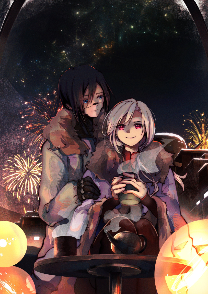 2girls absurdres aerial_fireworks akaruc ariane_yeong cityscape cup elster_(signalis) fireworks fur_collar happy_new_year highres holding holding_cup long_jacket multiple_girls night night_sky signalis sky smile teacup teapot