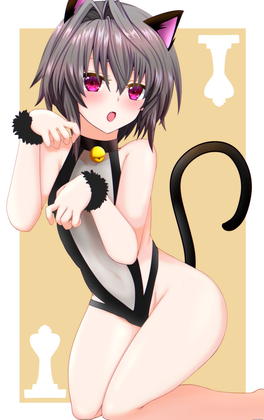 1girl 9-nine- absurdres animal_ears bangs bare_shoulders bell black_bra black_choker black_hair black_leotard black_panties black_wrist_cuffs blush bra cat_ears cat_tail chess_piece choker collarbone eyebrows_hidden_by_hair eyelashes fang feet_out_of_frame flybig0311 frilled_bra frills fur_cuffs groin hair_between_eyes hair_intakes highres kneeling leotard looking_at_viewer meme_attire meowing midriff navel neck_bell open_mouth panties paw_pose red_eyes short_hair_with_long_locks simple_background solo spiked_hair tail thighs underwear yellow_background yuuki_noa