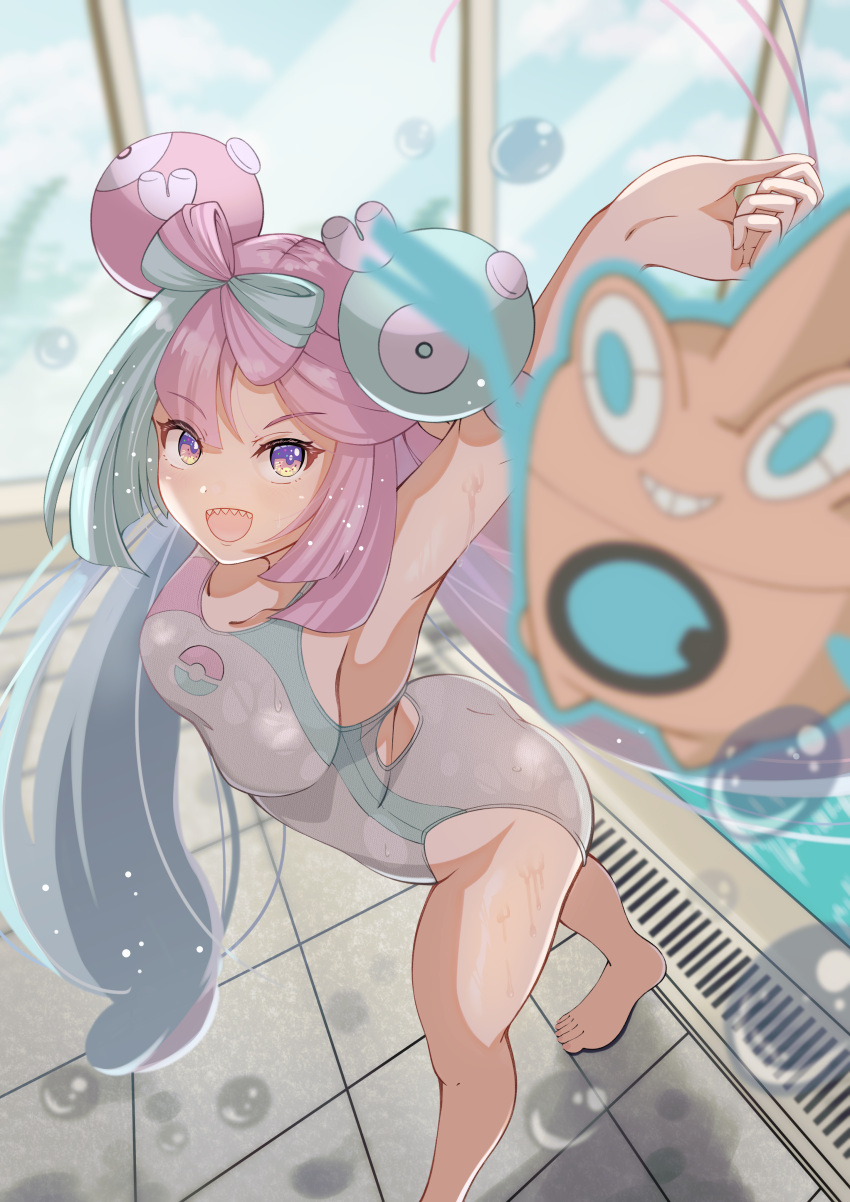 1girl :d absurdres alternate_costume arm_up bangs barefoot blurry breasts commentary_request competition_swimsuit feet green_hair grey_one-piece_swimsuit highres hisousakuya iono_(pokemon) legs long_hair looking_at_viewer multicolored_hair one-piece_swimsuit open_mouth pokemon pokemon_(creature) pokemon_(game) pokemon_sv pool purple_hair rotom rotom_(wash) sharp_teeth smile standing swimsuit teeth toes twintails two-tone_hair upper_teeth_only water water_drop