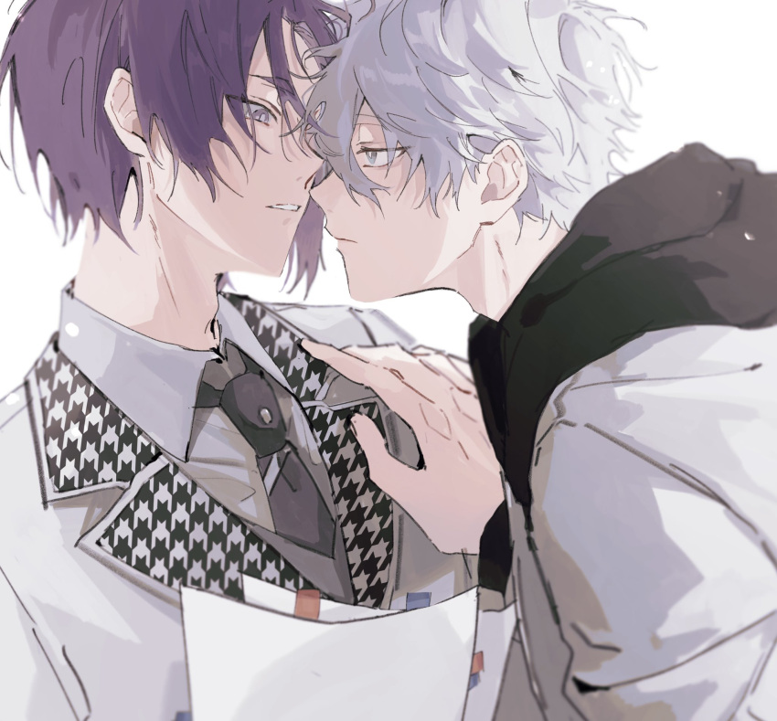 2boys blue_lock closed_mouth collared_shirt commentary_request grey_eyes grey_hair hand_on_another's_chest highres hood hood_down houndstooth jacket long_sleeves looking_at_another male_focus mikage_reo multiple_boys nagi_seishirou necktie paper parted_lips purple_eyes purple_hair shirt short_hair simple_background upper_body white_background white_jacket white_shirt yaoi yng_z