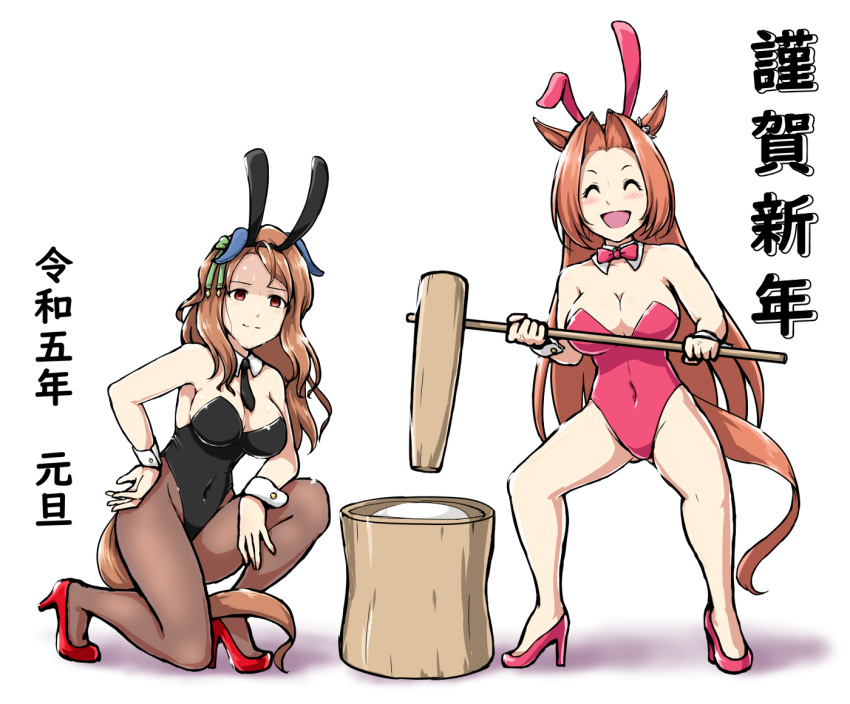 2023 2girls animal_ears bare_legs black_leotard black_necktie bow bowtie breasts brown_eyes brown_hair brown_pantyhose chinese_zodiac closed_eyes covered_navel deno_(denomina0) detached_collar fake_animal_ears food high_heels holding holding_mallet horse_ears horse_girl horse_tail kawakami_princess_(umamusume) kine king_halo_(umamusume) large_breasts leotard looking_at_viewer mallet medium_breasts mochi mochitsuki mortar multiple_girls necktie new_year pantyhose pestle pink_footwear playboy_bunny rabbit_ears red_bow red_bowtie red_footwear red_leotard simple_background strapless strapless_leotard tail umamusume white_background wrist_cuffs year_of_the_rabbit
