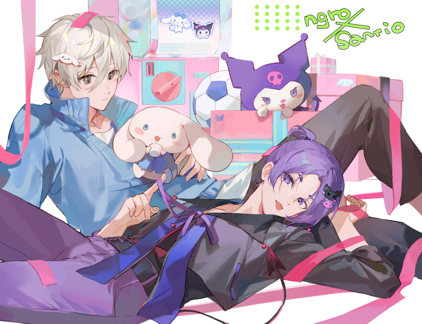 2boys absurdres ball black_pants black_shirt blue_lock blue_shirt box character_hair_ornament cinnamoroll closed_mouth copyright_name crossover demon_tail gift gift_box grey_eyes grey_hair gurikur1 hair_between_eyes hair_ornament highres kuromi long_sleeves looking_at_another looking_at_viewer lying male_focus mikage_reo multiple_boys nagi_seishirou on_back onegai_my_melody open_mouth pants pink_ribbon ponytail purple_eyes purple_hair purple_pants ribbon sanrio shirt short_hair short_ponytail soccer_ball tail tongue tongue_out