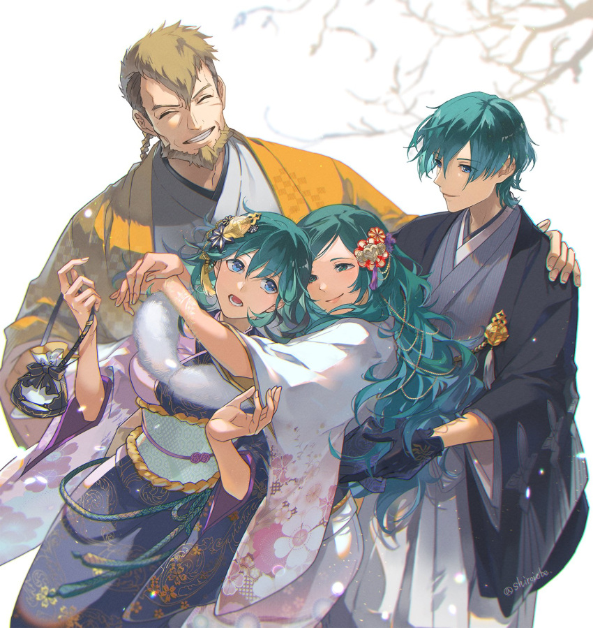 2boys 2girls alternate_costume bangs beard black_gloves black_kimono blue_eyes blue_hair brown_hair byleth_(fire_emblem) byleth_(fire_emblem)_(female) byleth_(fire_emblem)_(male) closed_eyes commentary english_commentary facial_hair family father_and_daughter father_and_son fingernails fire_emblem fire_emblem:_three_houses floral_print fur_collar gloves grin hair_ornament hand_on_another's_shoulder highres holding hug husband_and_wife japanese_clothes jeralt_reus_eisner kimono long_hair mother_and_daughter mother_and_son multicolored_clothes multicolored_kimono multiple_boys multiple_girls new_year obi pink_kimono print_kimono sash shiroi_(shiroicbe) short_hair sitri_(fire_emblem) smile teeth twitter_username white_kimono wide_sleeves yellow_kimono