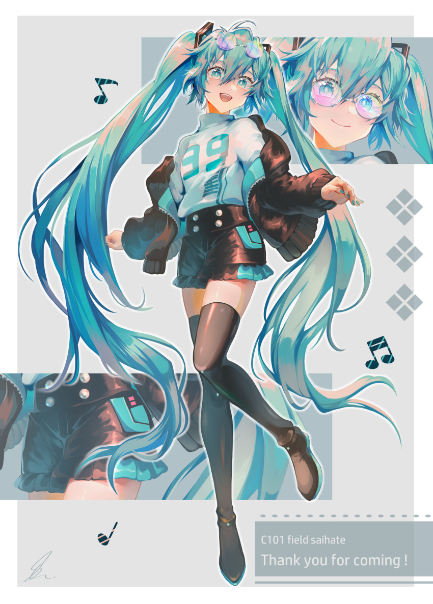 1girl :d beamed_sixteenth_notes black_footwear black_jacket black_shorts blue-framed_eyewear blue_eyes blue_hair blue_nails boots closed_mouth commentary_request eighth_note english_text frilled_shorts frills grey_background hatsune_miku highres jacket long_hair long_sleeves multiple_views musical_note nail_polish off_shoulder open_clothes open_jacket pink-tinted_eyewear puffy_long_sleeves puffy_sleeves quarter_note round_eyewear saihate_(d3) shirt short_shorts shorts sleeves_past_wrists smile standing standing_on_one_leg sunglasses thank_you thigh_boots tinted_eyewear twintails very_long_hair vocaloid white_shirt