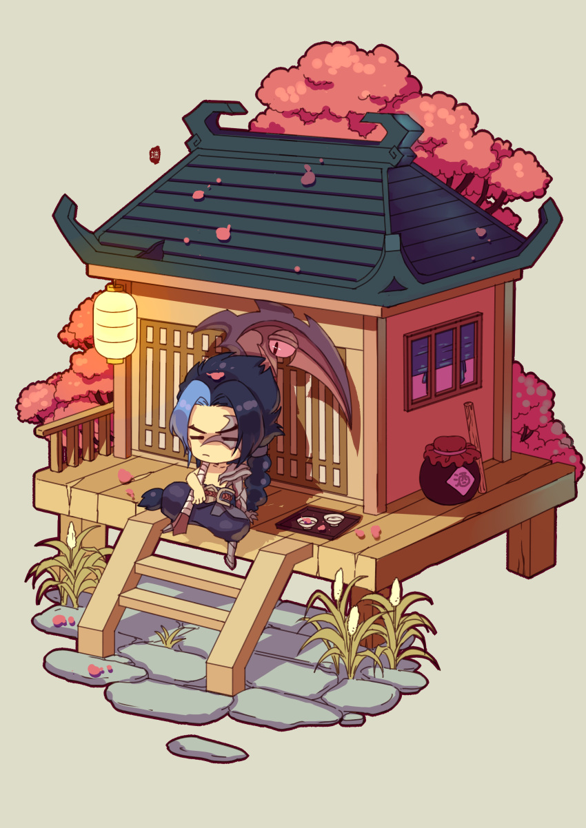 1boy absurdres aduan architecture bangs black_hair blue_hair braid cherry_blossoms chibi closed_eyes east_asian_architecture expressionless falling_petals fence frown highres kayn_(league_of_legends) lantern league_of_legends long_hair multicolored_hair over_shoulder paper_lantern parted_bangs petals plant relaxed rhaast scar scar_on_face scythe sitting solo stone_floor tea tree weapon weapon_over_shoulder