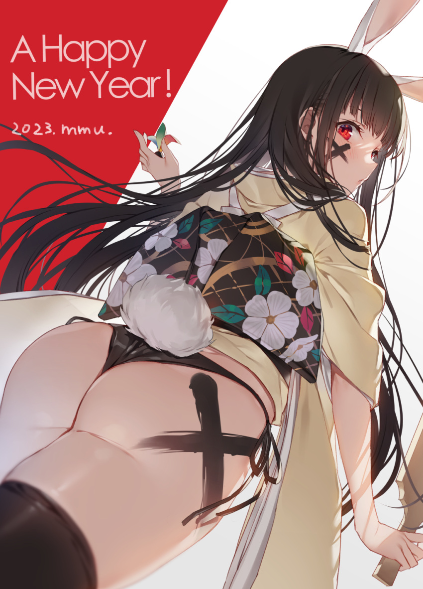 1girl 2023 animal_ears artist_name ass bangs black_hair black_panties black_sash black_thighhighs blunt_bangs blush chinese_zodiac commentary_request dutch_angle eyelashes facepaint floating_hair floral_print from_below hagoita hand_up hane_(hanetsuki) hanetsuki happy_new_year highres holding holding_paddle japanese_clothes kimono long_hair long_sleeves looking_at_viewer looking_back mmu obi original paddle panties parted_lips print_sash rabbit_ears rabbit_tail red_background red_eyes sash side-tie_panties sidelocks solo standing tail thighhighs two-tone_background underwear very_long_hair white_background year_of_the_rabbit yellow_kimono