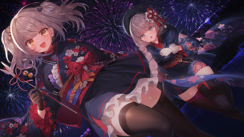 2girls :d absurdres alternate_costume arrow_(projectile) bell belorta_(nikke) beret black_gloves black_headwear black_kimono black_thighhighs blue_eyes blue_kimono blush bow breasts commentary dutch_angle feet_out_of_frame fireworks floral_print flower flower_knot frilled_gloves frilled_kimono frills fur-trimmed_kimono fur_trim gloves goddess_of_victory:_nikke hair_flower hair_ornament hamaya hat highres holding holding_arrow japanese_clothes kimono looking_at_another looking_at_viewer lunch_(lunchicken) medium_breasts medium_hair multiple_girls new_year night night_sky obi obiage obijime open_mouth outdoors red_bow sash short_hair short_kimono sky smile sweatdrop tassel tassel_hair_ornament thighhighs thighs twintails vesti_(nikke) white_gloves wide_sleeves yellow_eyes yukata zettai_ryouiki