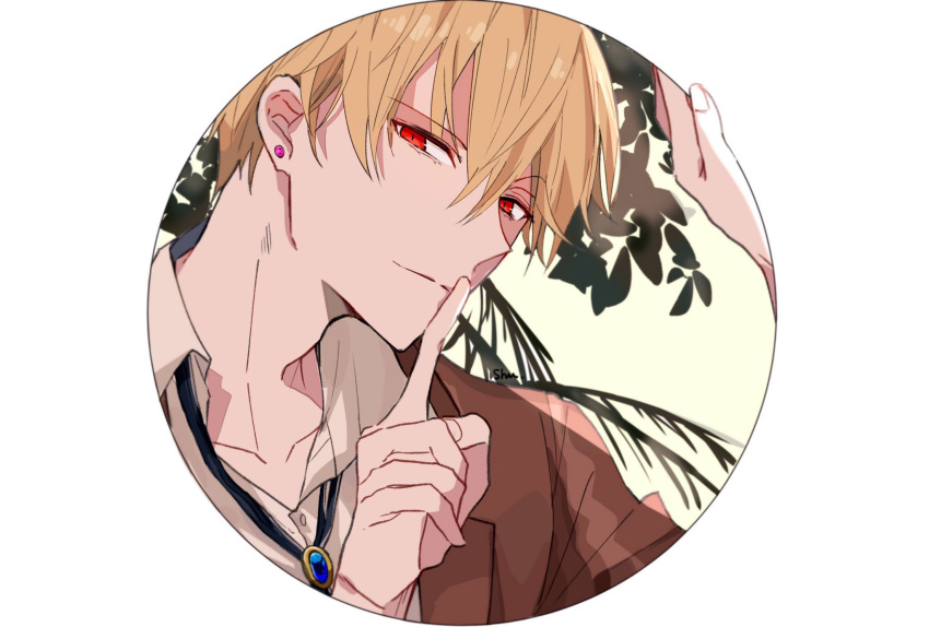 1boy bangs blonde_hair brown_coat circle coat collar collared_shirt earrings fate/grand_order fate_(series) finger_to_mouth gilgamesh_(fate) hair_between_eyes highres jewelry leaf looking_at_viewer male_focus necklace red_eyes shirt short_hair shu_(oshigoto_boshuuchuu) shushing simple_background single_earring solo stud_earrings white_shirt
