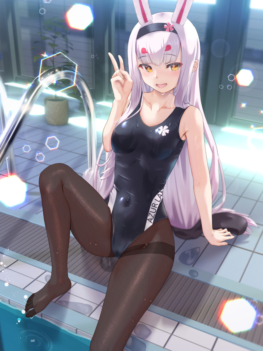 1girl alternate_costume animal_ears azur_lane black_one-piece_swimsuit black_pantyhose breasts clothes_writing commentary_request competition_swimsuit feet hakamaboooots highres legs lens_flare long_hair no_shoes one-piece_swimsuit panties panties_under_pantyhose pantyhose pantyhose_under_swimsuit poolside puddle rabbit_ears shimakaze_(azur_lane) small_breasts soaking_feet solo swimsuit thighband_pantyhose toes underwear v water wet wet_clothes wet_swimsuit white_hair yellow_eyes