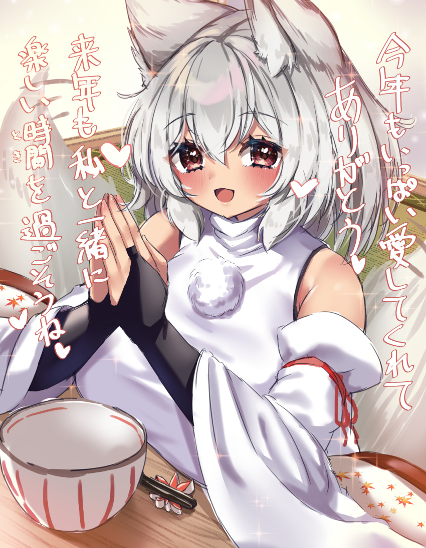1girl afterimage animal_ears bangs bare_shoulders blush bowl breast_rest breasts breasts_on_table bridal_gauntlets commentary_request detached_sleeves eyelashes grey_hair hair_between_eyes hands_up heart highres huge_breasts indoors inubashiri_momiji kotatsu looking_at_viewer medium_hair motion_lines onomiya open_mouth own_hands_together pom_pom_(clothes) red_eyes shirt smile solo sparkle table tail tail_wagging touhou translation_request upper_body white_shirt wide_sleeves wolf_ears wolf_girl wolf_tail