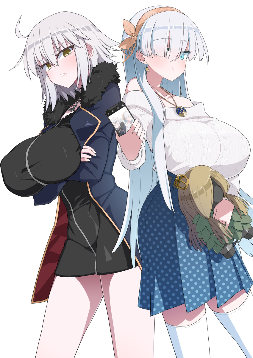 2girls absurdres akitokage anastasia_(fate) bangs black_dress blue_coat blue_eyes blush breasts cellphone cleavage coat collarbone doll dress fate/grand_order fate_(series) fur-trimmed_coat fur_trim grey_hair hair_over_one_eye hairband highres huge_breasts jeanne_d'arc_alter_(fate) jeanne_d'arc_alter_(ver._shinjuku_1999)_(fate) jewelry long_hair long_sleeves looking_at_viewer multiple_girls necklace open_clothes open_coat phone short_dress short_hair smile thighs very_long_hair viy_(fate) white_hair yellow_eyes