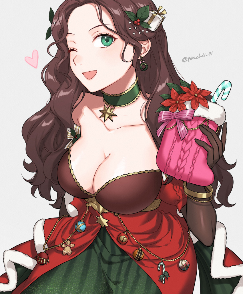 1girl belt breasts brown_hair candy candy_cane choker christmas christmas_stocking cleavage collarbone commentary dorothea_arnault dorothea_arnault_(winter) dress earrings fire_emblem fire_emblem:_three_houses fire_emblem_heroes fire_emblem_warriors:_three_hopes food frilled_dress frills fur_trim gift_hair_ornament green_dress green_eyes highres jewelry large_breasts long_hair looking_at_viewer official_alternate_costume official_alternate_hairstyle one_eye_closed open_mouth peach11_01 red_dress shadow signature smile solo stud_earrings